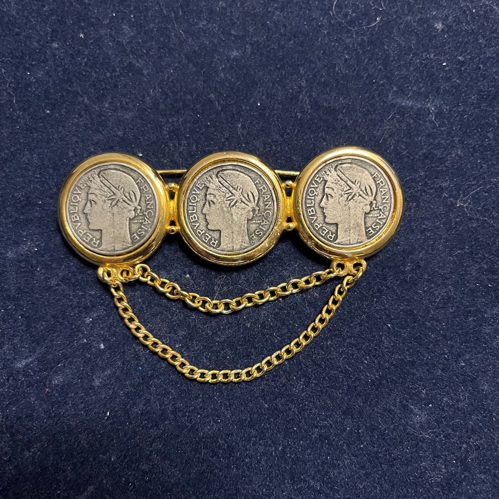 Vintage Francaise Chatelaine Coin Gold-Tone Triple Coin Chain Brooch -Elegant